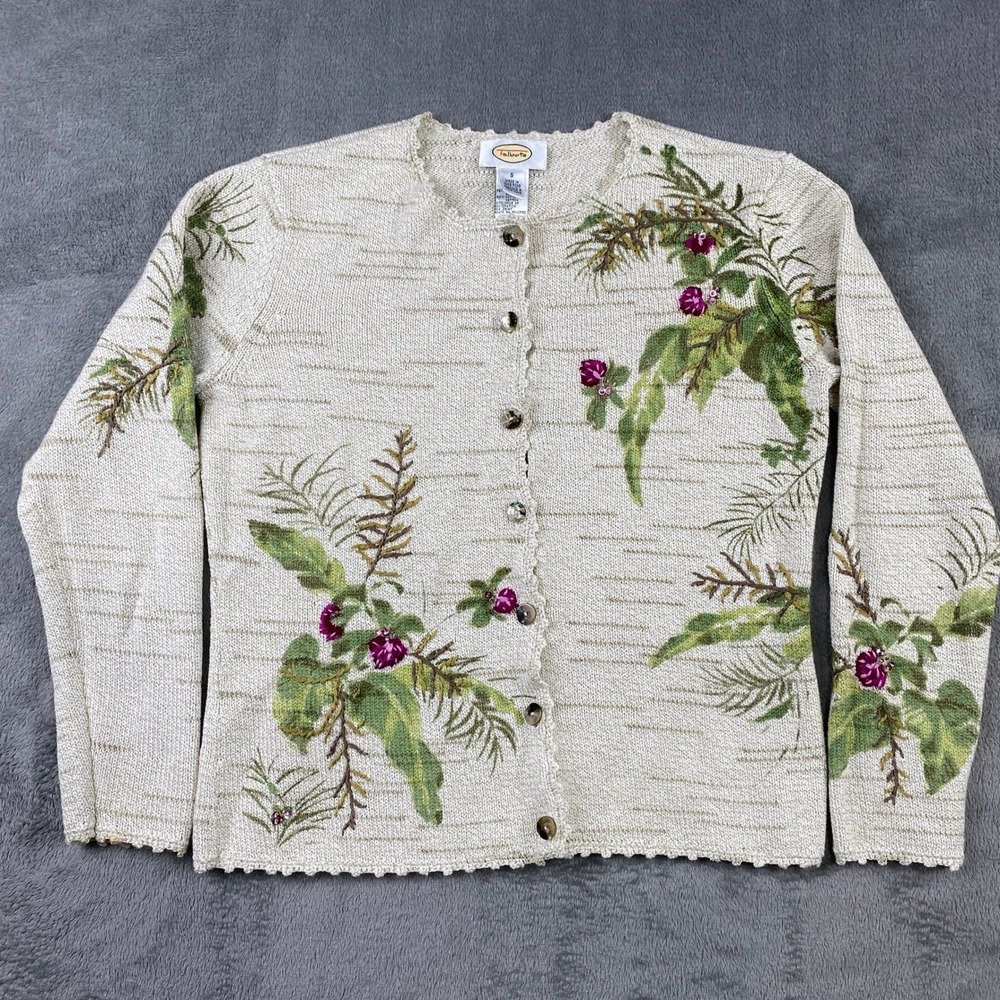 Talbots Cardigan Sweater Womens S Beige Floral Botanical Button Front